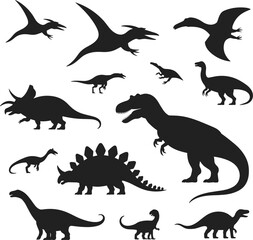 Black Dinosaur Silhouette Icons Set, Tyrannosaurus Rex, Triceratops, Stegosaurus, Pterodactyl, and Various Prehistoric Reptiles Collection for Educational Design © Champa