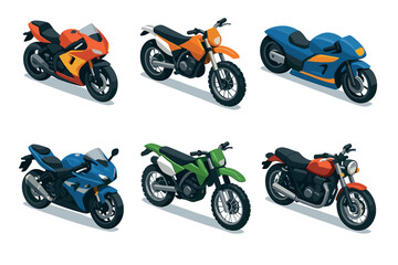 Obraz premium Six different colorful motorcycles representing various types of two-wheeled vehicles are presented in a clean, isometric vector illustration style.