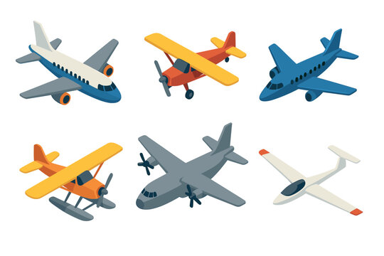Various isometric cartoon airplanes and aircraft models collection showcasing different types of aviation vehicles for travel, cargo, and leisure activities.