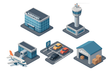 Obraz premium Airport infrastructure elements including terminal, control tower, airplane, parking, and cargo warehouse are depicted in an isometric style.