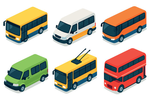 Various public transport vehicles including buses and vans are illustrated in a colorful isometric style, representing urban mobility solutions.