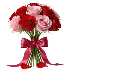 A gorgeous bouquet of roses, a timeless symbol of affection, artfully arranged and tied with a satin ribbon, radiating beauty. png transparent background