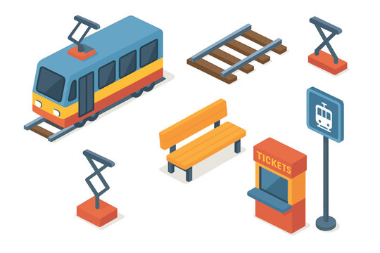 Isometric tram train public transportation elements collection including tracks, a bench, ticket booth, and signs for urban travel concepts.