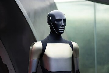 Advanced humanoid robot bust with sleek black and metallic design in a modern setting