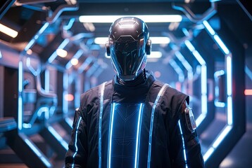 A mysterious humanoid in advanced glowing armor standing in a futuristic blue-lit corridor