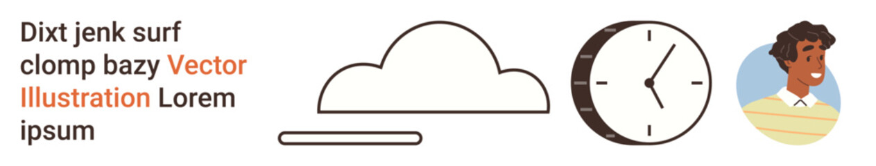 Time management, character design, digital communication, weather apps, educational content, modern minimalism. A cloud, a clock and a smiling person with text elements. Time management and digital