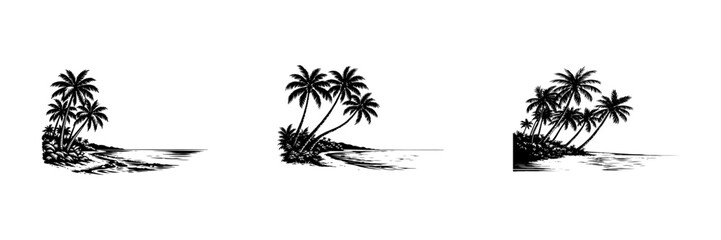Fototapeta premium Tropical Palm Tree Beach Silhouette Collection with Ocean Waves