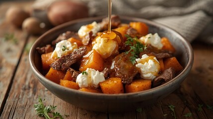 Savory hot honey cottage cheese sweet potato beef bowl rustic kitchen food warm gourmet delight