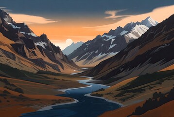A serene sunset casting an orange glow over a majestic mountain valley with a winding river