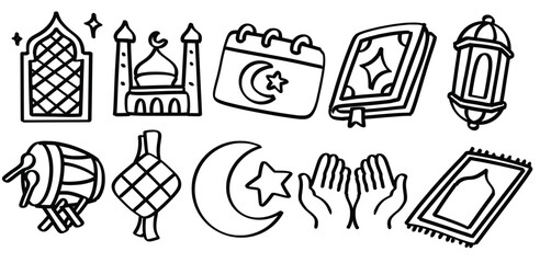 Set of hand drawn Islamic and Ramadan theme Isolated Vector