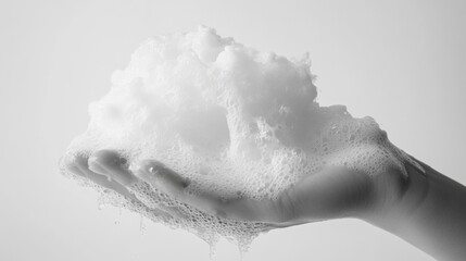 A person's palm gently holding a cloud-like mass of powdered material, creating an artistic and visually appealing effect.