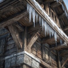 Icicles hanging from rustic wooden cabin eaves