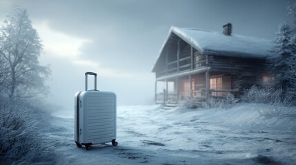 Suitcase standing alone on snowy path to remote cabin
