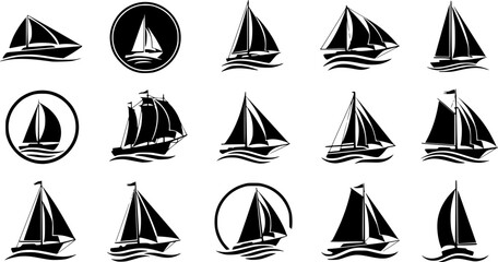 Set of sail boat vector icons. Black silhouette with sailboat and sea wave. Nautical yacht or sailboat.
