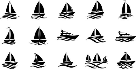 Set of sail boat vector icons. Black silhouette with sailboat and sea wave. Nautical yacht or sailboat.
