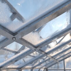 Greenhouse glass roof with condensation and blue sky