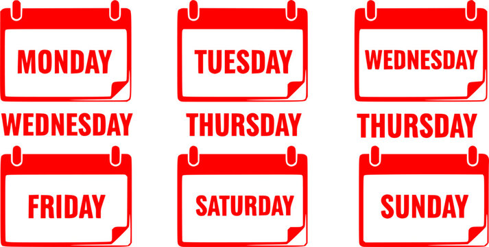 Icons with calendar days week. Days week : monday, tuesday, wednesday, thursday, friday, saturday, sunday. Vector set.
