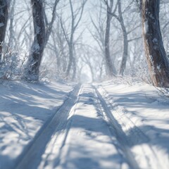 Winter forest path with tire tracks and sunlight