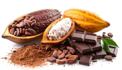 Cocoa beans, powder, and chocolate