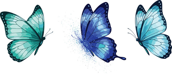 Butterfly illustration, vibrant wing design, teal and blue butterflies, transformation effect, flying insect art, nature concept, dynamic motion, colorful vector © Champa