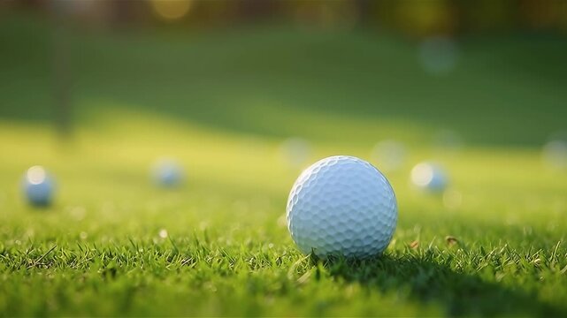 Many golf balls on green grass field close up outdoor sports equipment summer nature leisure competition focus foreground 
