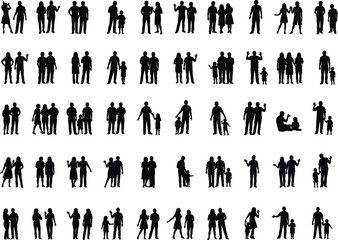 Mega collection of diverse people silhouettes including families couples parents with children and individuals standing in various poses isolated on white background