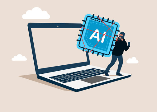 Thief stealing chip AI technology, burglar with microcircuit. Artificial intelligence technology. Data analysis. Modern vector illustration in flat style
