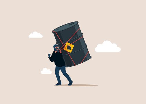 Thief stealing crude oil, burglar with trading. Vector flat illustration