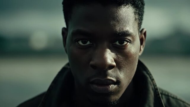 Close up portrait of a serious young black man outdoors