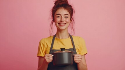 A cheerful cook proudly holds up a pot of home-cooked soup, ready to serve and share.
