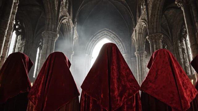Figures in red hoods gathered in a dark, gothic cathedral interior
