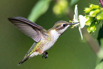 Fototapeta premium Ruby-throated hummingbird hovering to sip nectar from a delicate white flower in vibrant nature