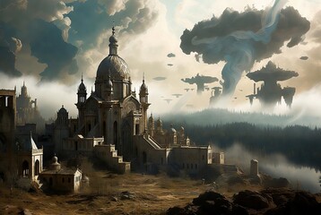 A fantasy realm where historic structures coexist with enigmatic floating metropolises