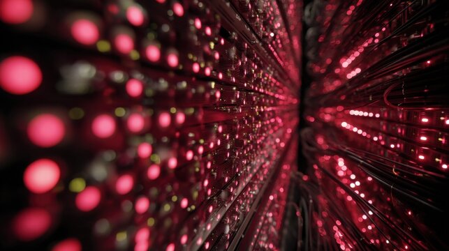 Wires and lights create a network of red lights in a tech setting at night. The arrangement shows depth and complexity. This scene captures the essence of technology and connectivity.