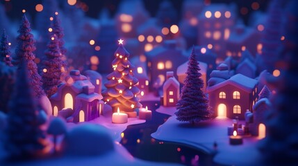 A cozy miniature village with festive decorations under the snowy night sky.