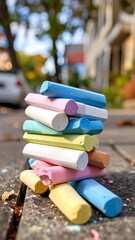 Colorful chalk stack on sidewalk