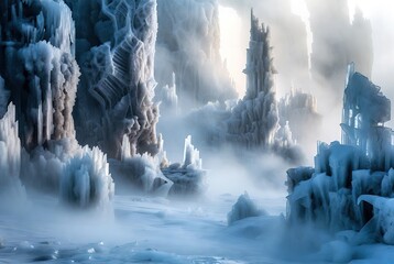 Ethereal frozen kingdom: towering ice structures shrouded in a mystical frosty fog