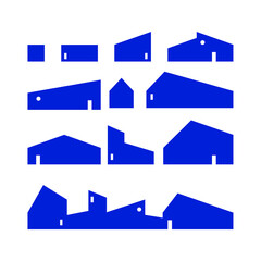 Set of Architectural Building and House Facades Blue Silhouettes on a Transparent Background. 