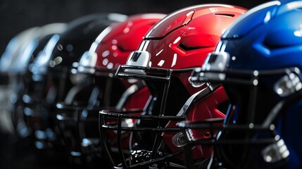 Fototapeta premium A collection of protective head gear for American football players.