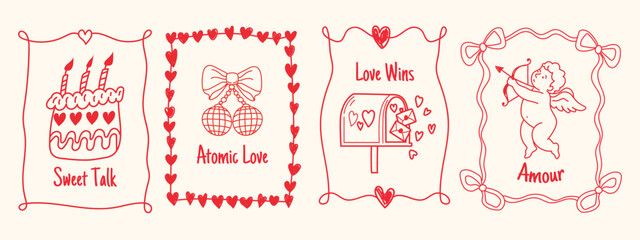 Vintage Hand Drawn Valentine's Day Card Set-Coquette Aesthetic Templates with Hearts, Cherries, and Bows for Posters, Banners, Branding, and Sale Labels.