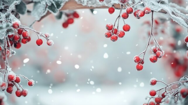 This is a captivating image of winter's embrace, featuring vibrant red berries dusted in snow against a soft blur of falling flakes.