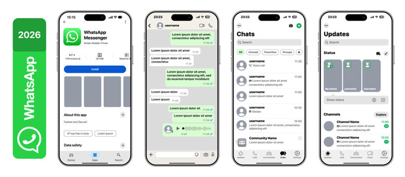 WhatsApp 2026 mobile application interface showing chat conversations contacts list status updates voice call video chat app store and Google Play listing layout