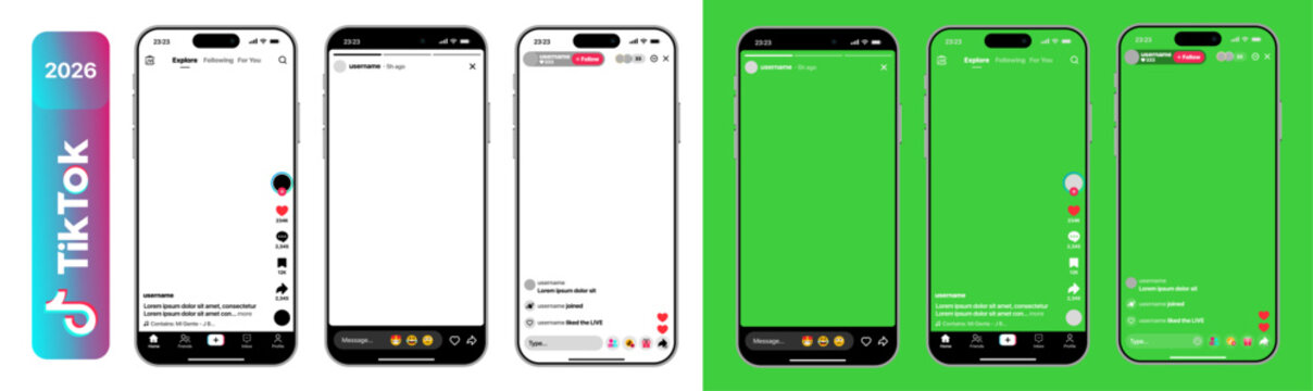 TikTok 2026 interface featuring live stream reels video posts with creator tools engagement overlays transparent PNG elements and green screen layouts
