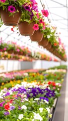 Colorful hanging flower displays in a greenhouse