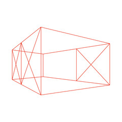 Wireframe 3D Red Line Cube Perspective Geometric Space on a Transparent Background.