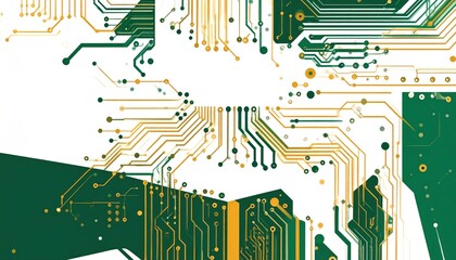 Abstract Circuit Board Design with Green and Gold Traces.