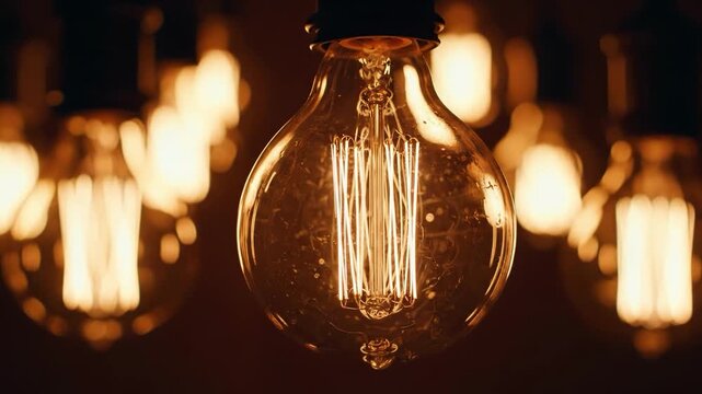 Close up of a glowing vintage edison light bulb with warm bokeh background