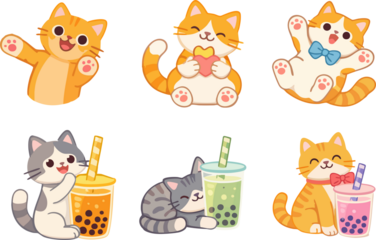 A cute set of kawaii cartoon cats in different playful poses, some holding hearts and others enjoying bubble tea drinks, illustrated in a bright flat style