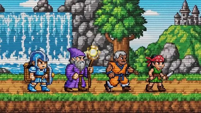 Retro Pixel Art Fantasy RPG Adventure Party Walking on Path with Waterfall and Castle