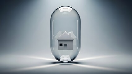 A small house inside a glass capsule on a gray background with light effects